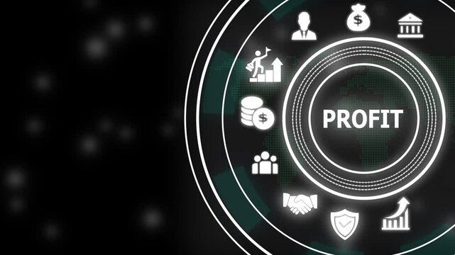 Business profit growth concept with digital hud interface featuring financial corporate strategy symbols, and global market success for marketing presentations