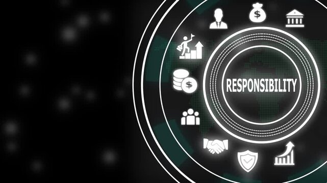 Corporate social responsibility concept with animated digital and glowing hud interface for business ethics, sustainability, accountability, and strategic management