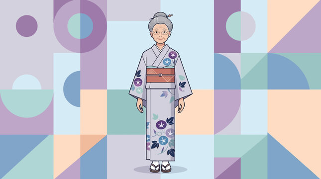 Japanese Grandmother in Traditional Floral Kimono Illustration, Flat Vector Character Design of Elderly Woman on Abstract Geometric Background