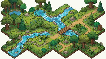 Fototapeta premium Isometric forest landscape tiles, modular game map assets with river and bridge, green woodland environment vector for level design