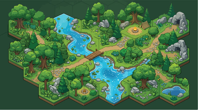 Isometric forest game map vector, fantasy wilderness landscape with river and trees, hexagonal tile world builder for mobile gaming apps
