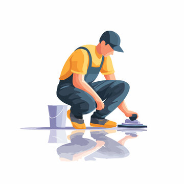 Man crouching with floor squeegee tool.