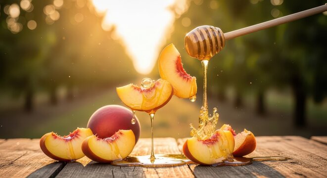Honey drizzled on peaches.