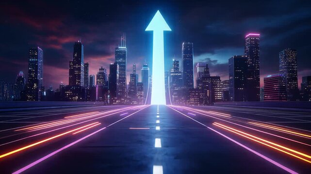 Dynamic neon arrow soaring upwards on futuristic city highway at night, symbolizing progress, growth, and digital transformation, with glowing light trails representing speed and innovation.