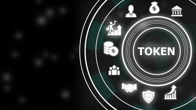 Digital token cryptocurrency concept with glowing financial and business growth symbols in a futuristic hud interface for blockchain technology and modern fintech