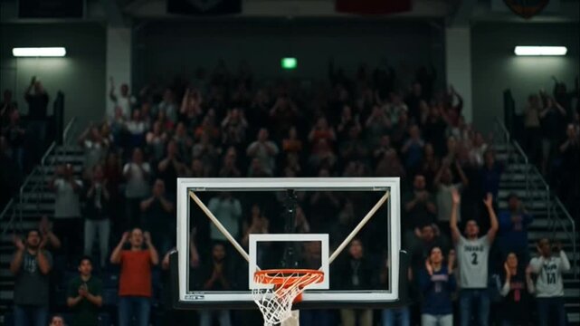 Basketball hoop in a crowded stadium.