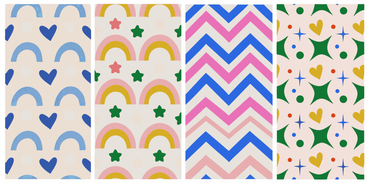 Repeating geometric pattern set with rainbows hearts stars and chevron motifs on a beige background