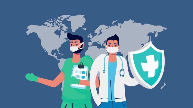 Doctors and healthcare professionals wearing face masks holding medical shield in front of world map background.