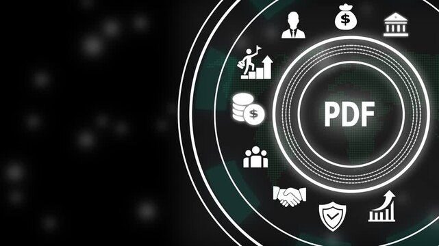 Pdf document management concept with animated business and digital interface for corporate workflow optimization and secure electronic file sharing solutions