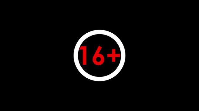 16+ icon animation, clearly marking content for viewers 18 and older, ideal for age-restricted websites or videos. adult content warning restricted.
