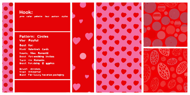 Four panels of red and pink heart and circle patterns playful color palette high quality