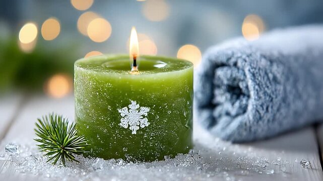 Winter Serenity: A green candle with a snowflake imprint, surrounded by snow and pine needles, radiates warmth and tranquility, complemented by a soft, rolled towel and bokeh lights.
