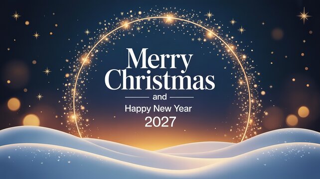 Elegant festive greeting banner with glowing golden sparkles starry dark sky and soft snowdrifts for merry Christmas and happy 2027 new year holiday invitations and digital cards