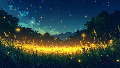 Fototapeta premium Firefly Lights Floating Over Dark Summer Grass at Night