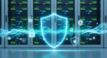 Fototapeta premium Cybersecurity shield protecting critical data in a modern server room, symbolizing robust network defense and information technology security