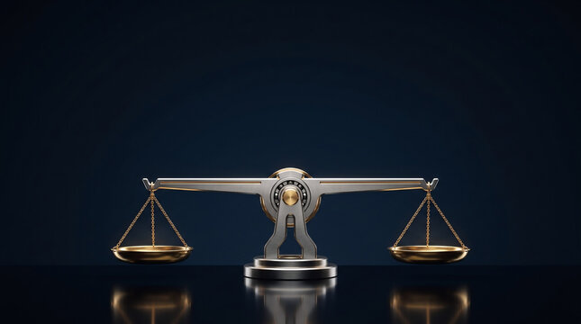 Modern gold and silver scales of justice on dark reflective background minimalist law and court concept