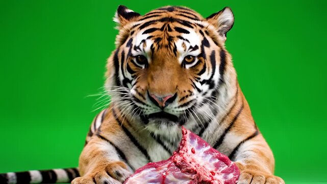 Close up of a tiger eating raw meat on a green screen background.