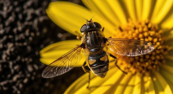 Closeup of a black and yellow hoverfly on a yellow flower with black background insect