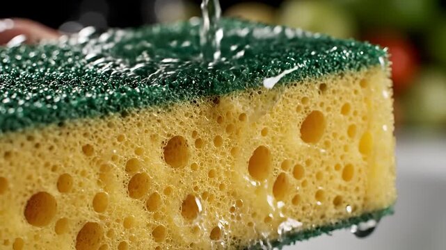 Close up of a yellow sponge with green scrubby side being rinsed with water.