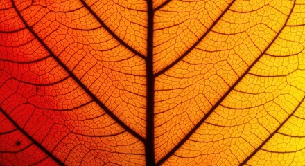 Obraz premium Closeup of autumn leaf with intricate red and yellow veins and patterns fall nature
