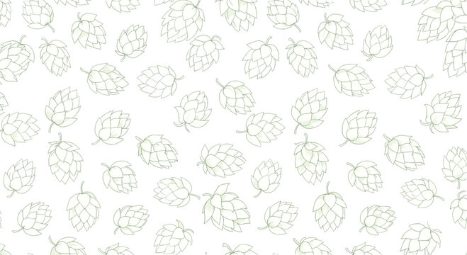Minimalist seamless pattern of stylized green hop cones arranged in a repeating design on a clean white background for beer branding.