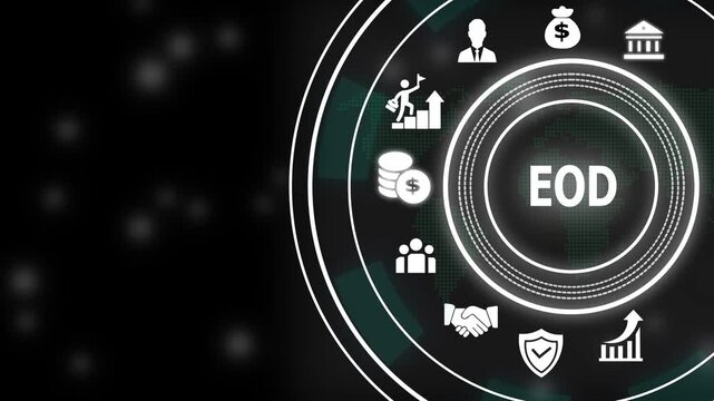Eod end of day financial business concept with digital hud interface featuring corporate growth and market analysis symbols for investment and economic reporting