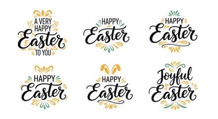Fototapeta premium Collection of six elegant Happy Easter hand lettering designs decorated with colorful floral ornaments and bunny ears on a white background.