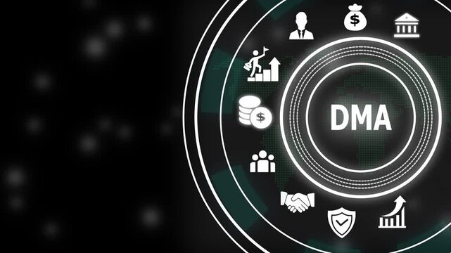 Digital marketing agency dma concept with animated business and growth strategy symbols on dark background, for corporate presentations, and advertising campaigns