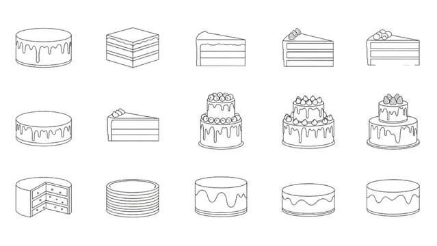 Collection of various cake designs and slices in outline style