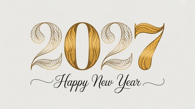 Elegant 2027 new year greeting design with golden feather patterned numerals and delicate script typography for festive cards invitations and refined seasonal decor