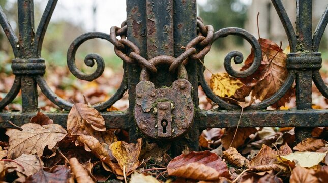 Rusty old lock on a wrought iron gate surrounded by autumn leaves