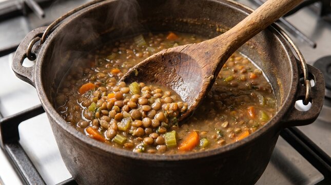 Hearty lentil soup cooking in a rustic pot on the stove with vegetables