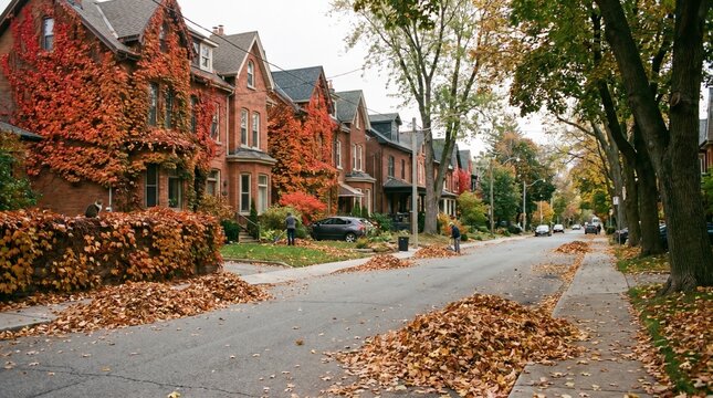 Autumn street scene with houses covered in orange leaves and people raking