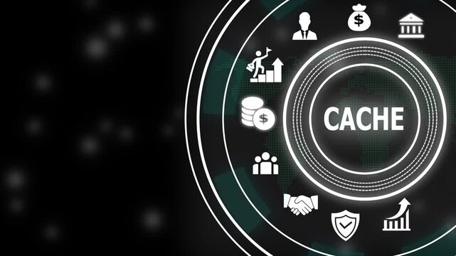 Digital cache data storage management concept featuring futuristic hud interface with business and financial growth symbols for advanced corporate technology and