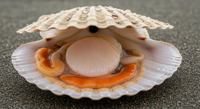 Scallop inside shell on dark surface