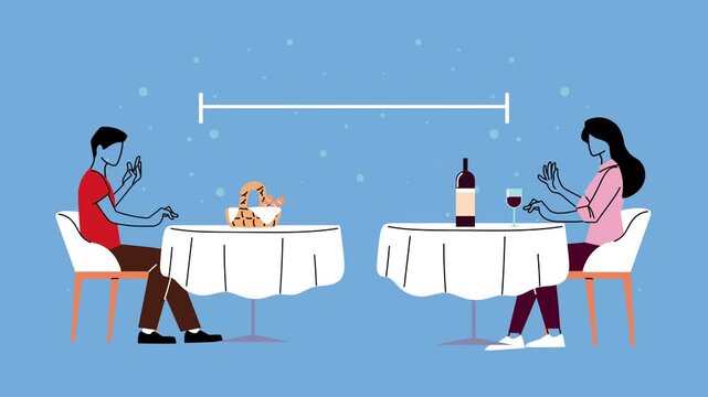 Animated scene showing social distancing in restaurant with couple eating at separate tables during pandemic.