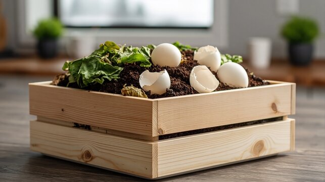 Compost in a wooden crate with organic waste and eggshells for home gardening