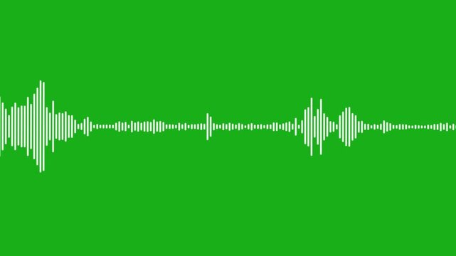 Sound waves on transparent background with alpha channel. Audio spectrum waveform animation, White audio waveform spectrum moving animation on green background. Sound Wave Animated. audio waveform