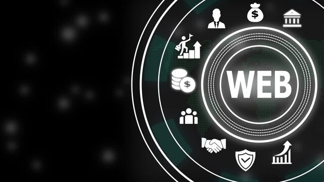 Digital web development and global business network concept featuring interactive circular interface with financial growth, corporate strategy, and networking on dark