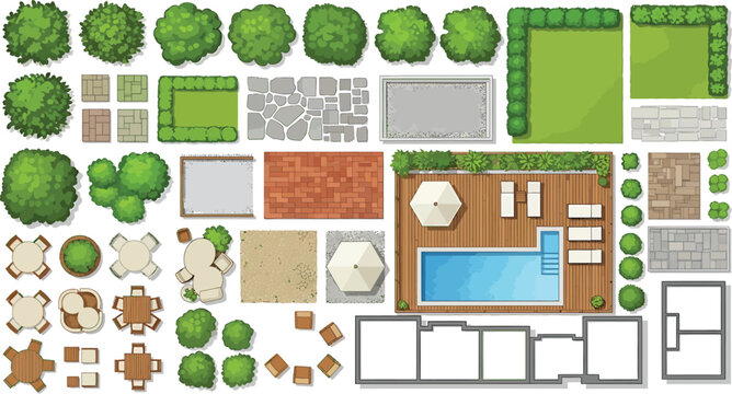 Top-down vector illustration of landscape design elements for architectural and garden planning. Features trees, bushes, grass, paving, swimming pool, and outdoor furniture.