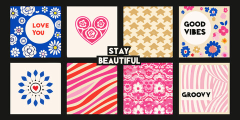 Retro inspired greeting cards in a grid layout featuring floral and geometric patterns high quality © Titul