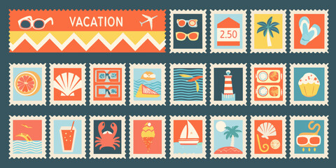 Collection of colorful travel themed postage stamps with vacation icons and summery designs high quality © Titul