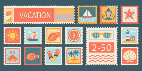 Collection of vibrant travel themed postage stamps with summery icons and a blue background © Titul