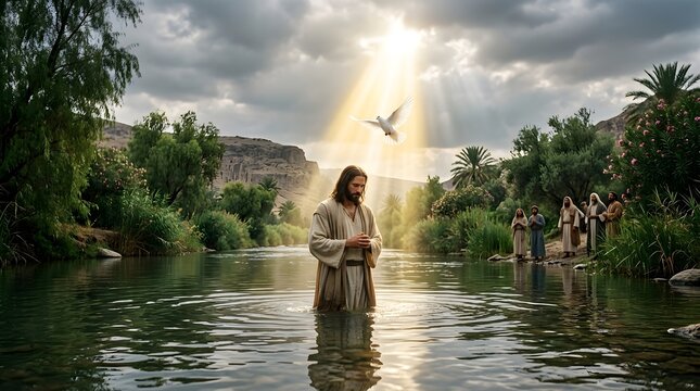 Jesus Christ Baptism in Jordan River with Holy Spirit Dove and Heavenly Light.