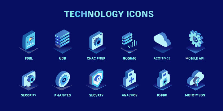 Isometric technology icons in a grid arrangement blue and white color scheme high quality professional