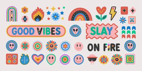 Obraz premium Colorful collection of retro style icons phrases and illustrations on a light background high quality