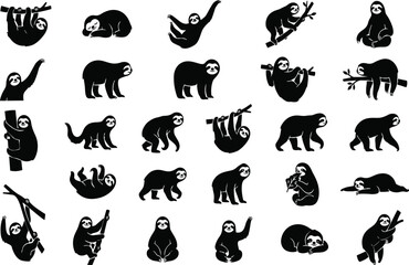 Obraz premium Sloth Silhouette Set – Tropical Hanging Animal Pose Collection Vector