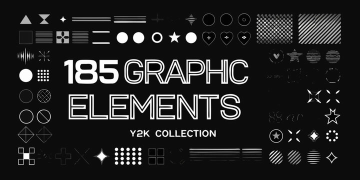 Collection of abstract graphic elements and shapes on a black background y2k style high quality