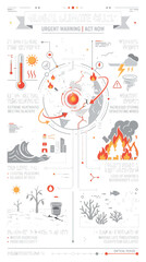 Naklejka premium Global climate change infographic urgent warning about rising temperatures and extreme weather events.
