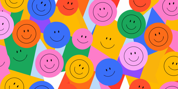 Repeating pattern of colorful smiley faces with black lines on a vibrant background high quality